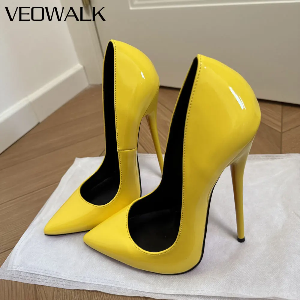 New Design 14cm/16cm Extreme High Heels Women Yellow Patent Pointed Toe Stiletto Pumps for Pole Dance Nightclub Plus Size46