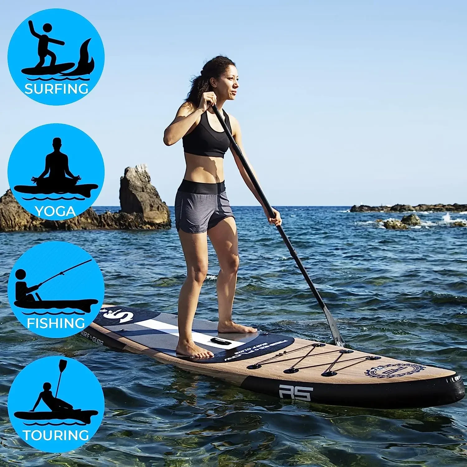 6-inch-thick SereneLife Inflatable Stand-Up Paddle Board with Premium SUP Attachments and Wooden Carry Bag