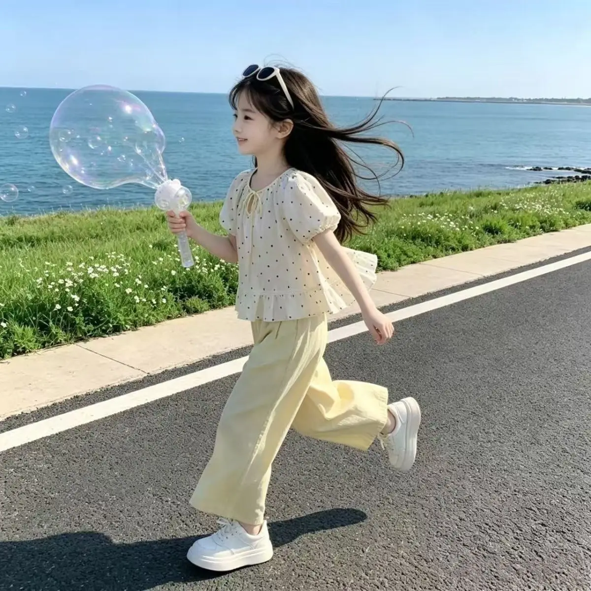 6577 Girls Summer Sweet Polka Dot Shirt+Yellow Pants 2Pc Suits Teenage Kids Korean Style Casual Streetwear Children Clothes Sets