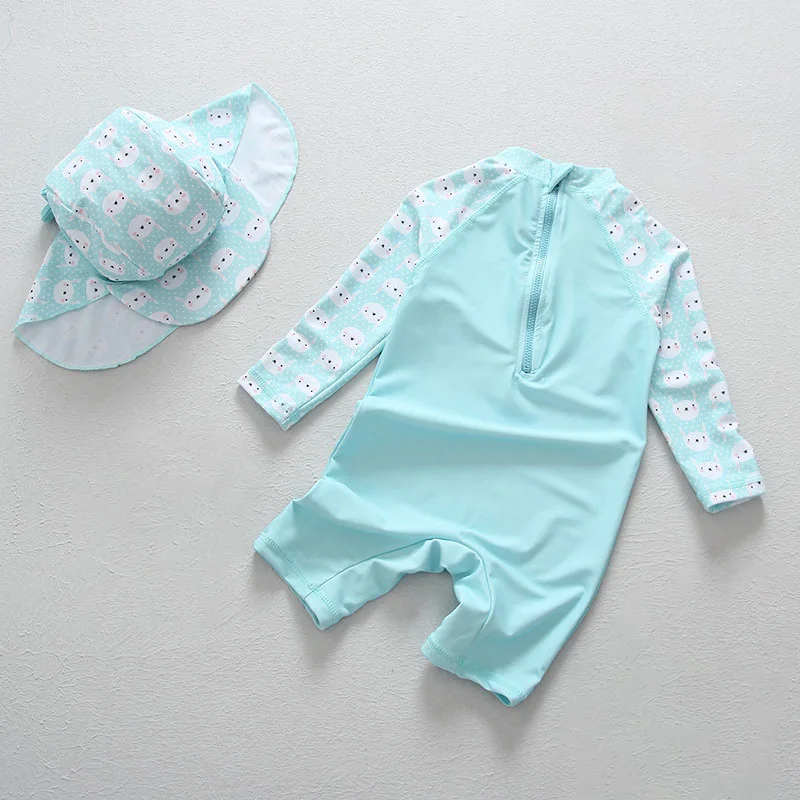 Children's  UV UPF50+ Blue Swimsuit Girls One Pieces Rabbit Swimwear with Hat Girls Cartoon Bathing Suit Kids Beachwear 1-4Year