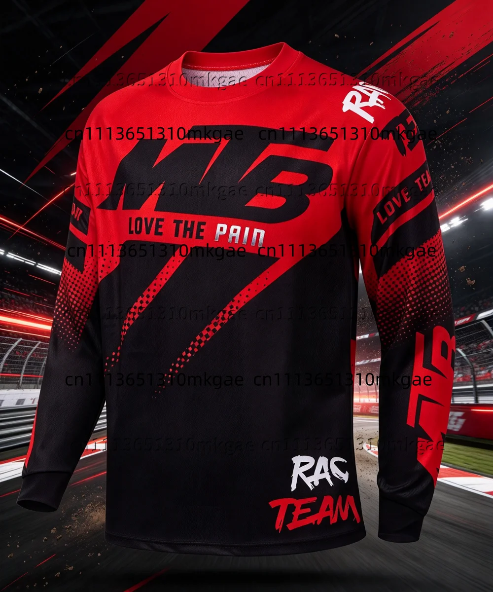 MTB Motocross Jersey for Men Long Sleeve Red Black Graphic Print Breathable Quick Dry Crew Neck Offroad Bicycle Racing Tops