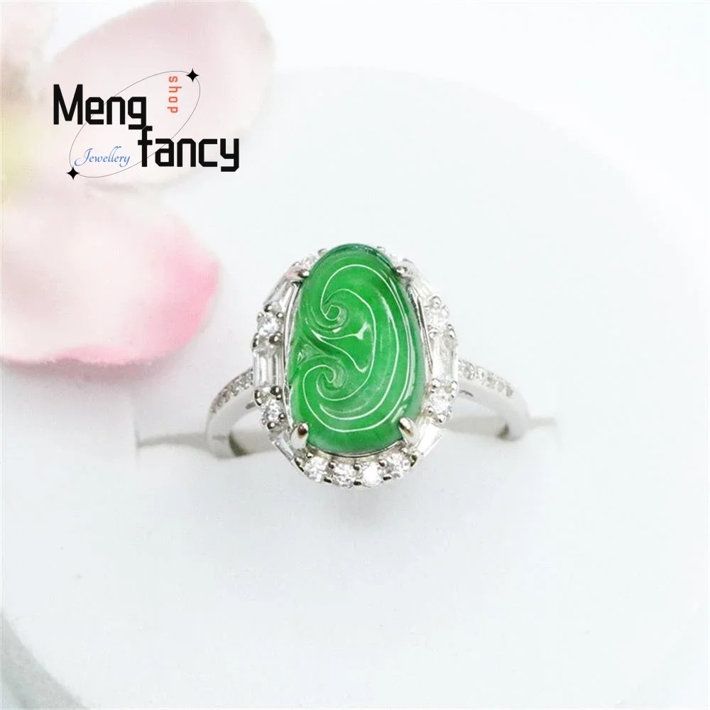 

S925 Silver Lnlaid Natural Jadeite Ice Green Ruyi Ring Exquisite Charm High-grade Sexy Young Girls Couple Luxury Quality Jewelry