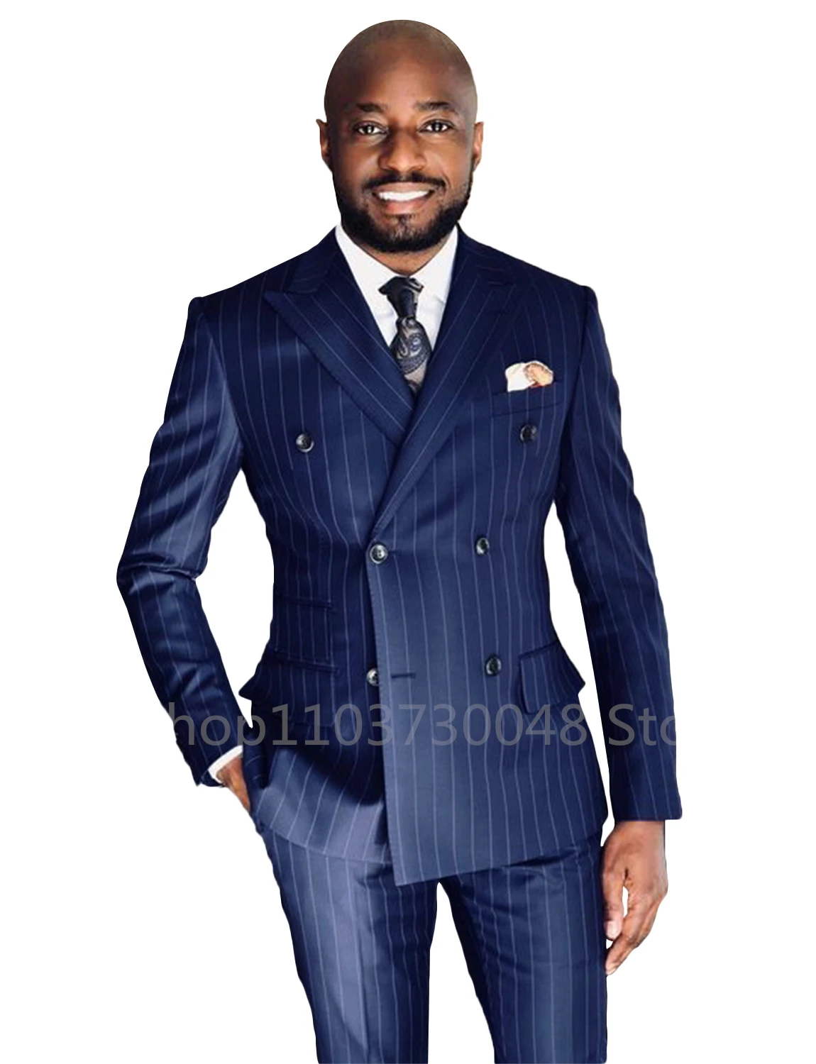 

Navy Blue Striped Wedding Suits for Men Peak Lapel Groom Tuxedos Business Costume Homme Prom Party Suits 2 Piece Blazer+Pants