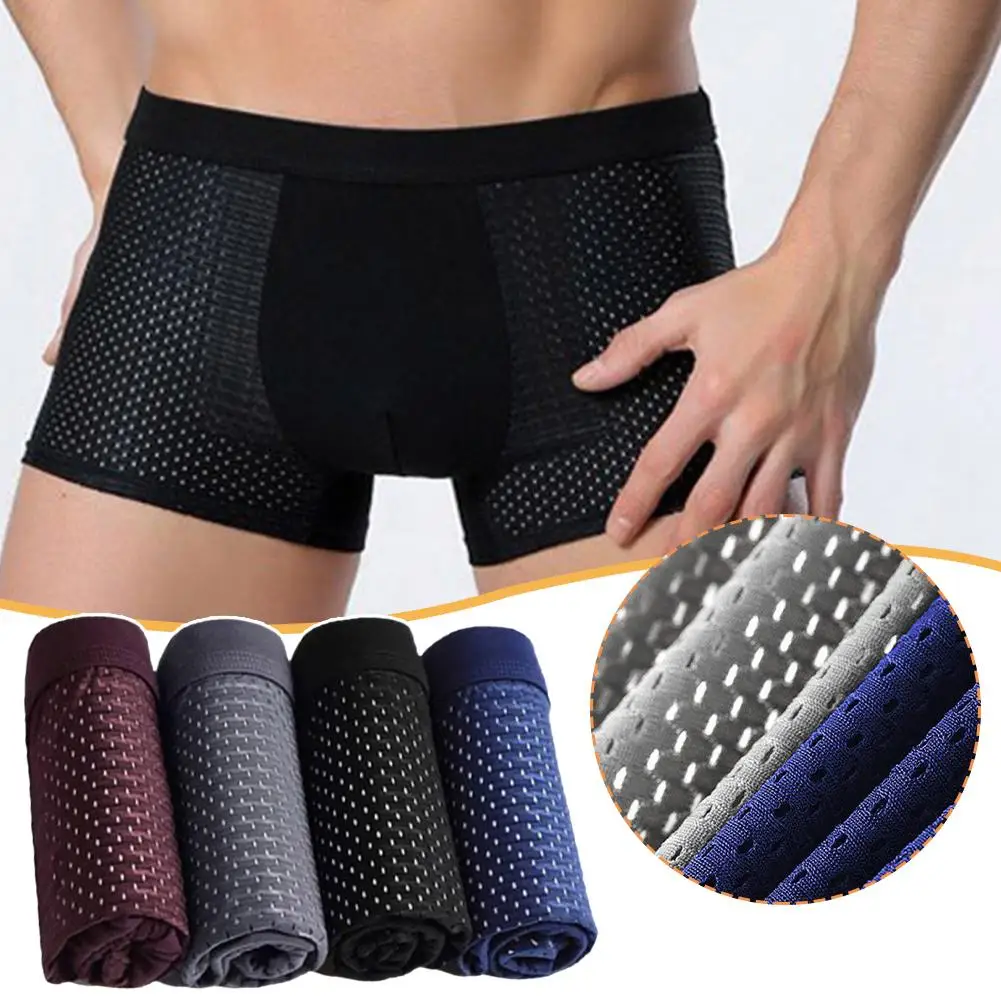 4Pcs/Men\'s Underwear Men\'s Panties Sexy Boxer Mesh Breathable Solid Color Briefs Thin Boxer Comfort Boxer Bamboo Hole Large Size