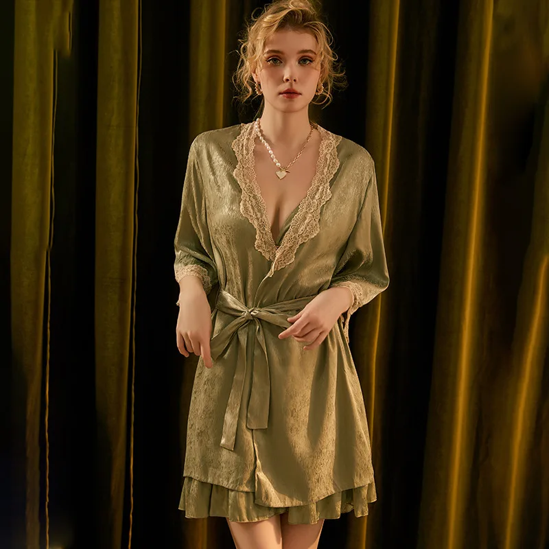 

Wild Beauty Twilight Lace Transparent Seductive Backless Nightgown with Chest Pads Sexy Ice Silk Camisole Robe Women's Loungewear