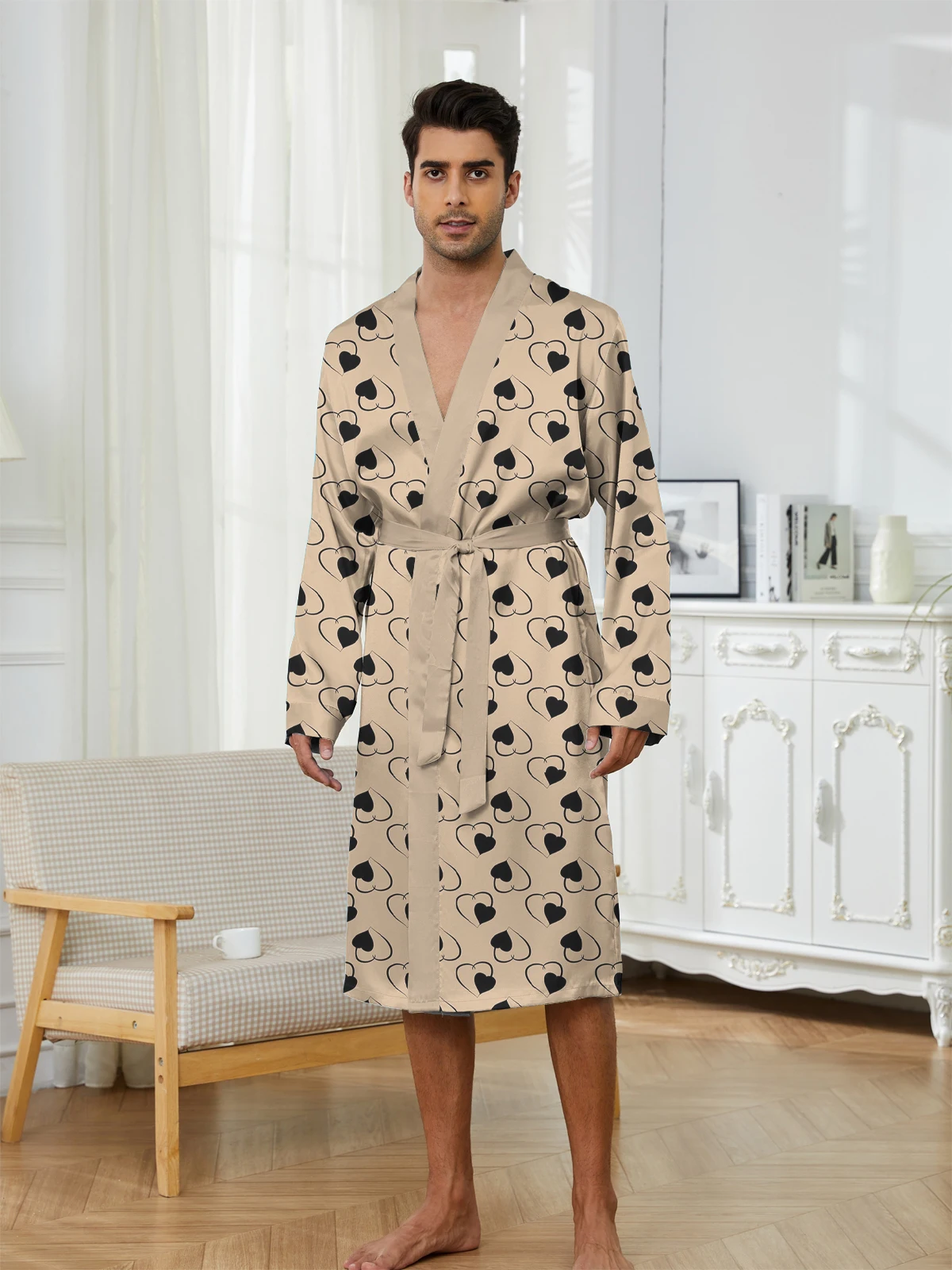 Men's Spring Autumn Sleeping Robes Digital Printed Love Pattern, Home Thin Style, Fashionable Casual Men's bathrobe Quick Drying