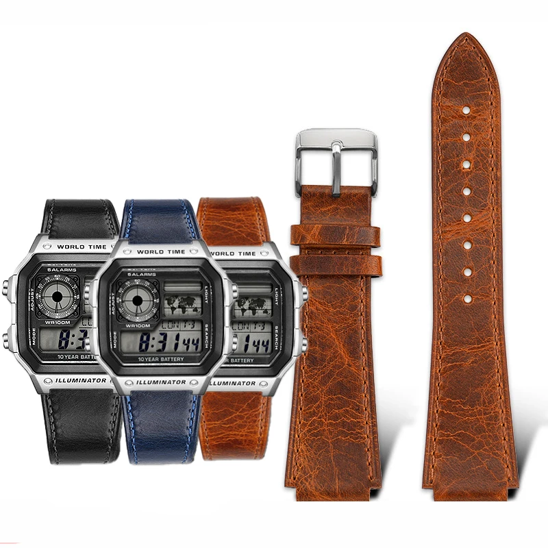 18MM Convex Mouth Retro Genuine Leather Watchband For Casio AE1200 AE1300 A158W/A168 W-216H Vintage Watch Strap Men's Bracelet