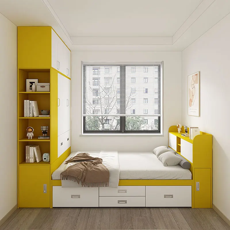 Tatami bed wardrobe integrated second bedroom bookshelf solid wood combination simple small apartment multi-functional storage