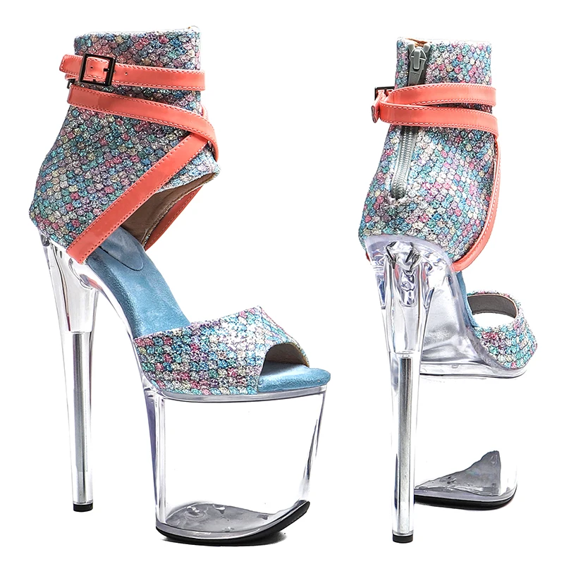 Leecabe  20CM/8inches Glitter Upper  Fashion trend sexy  Open toe  High Heel Transparent   platform Pole Dance Sandals