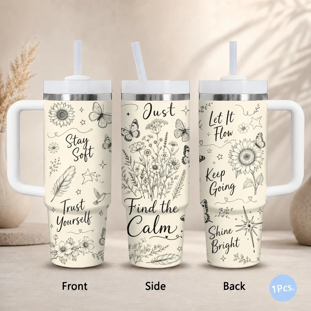 

Just Breathe Motivational Vacuum Flasks 40oz Thermal Stainless Steel Tumbler with Handle Straw Leakproof Mug
