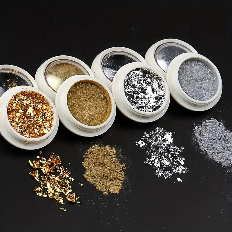 Gold Silber Metall Chrom Spiegel Nagelpulver, Laser-Glitzerfolie mit unregelmäßigen Stücken, mehrfarbiger magischer Spiegeleffekt, Oxid Ti