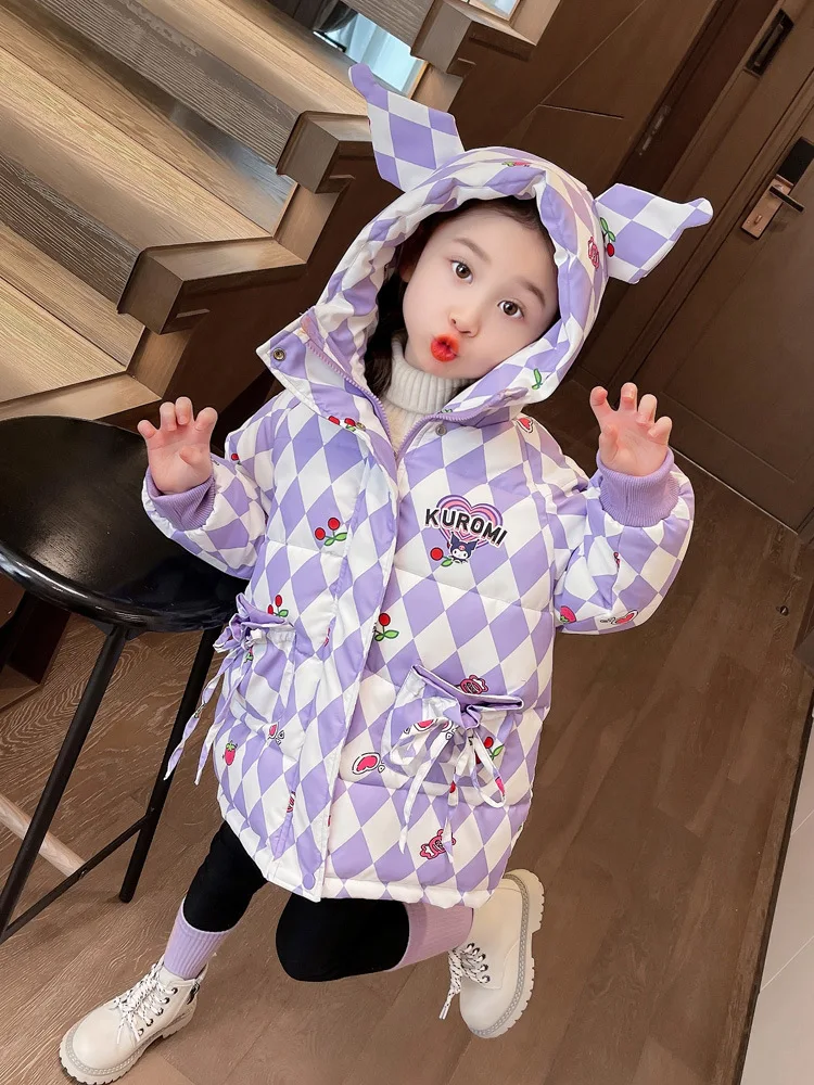 Sanrios Girl Cotton Clothes Winter Kuromi New Thicken Hooded Medium Length Lattice Cartoon Winter Clothes Cotton Padded Jacket