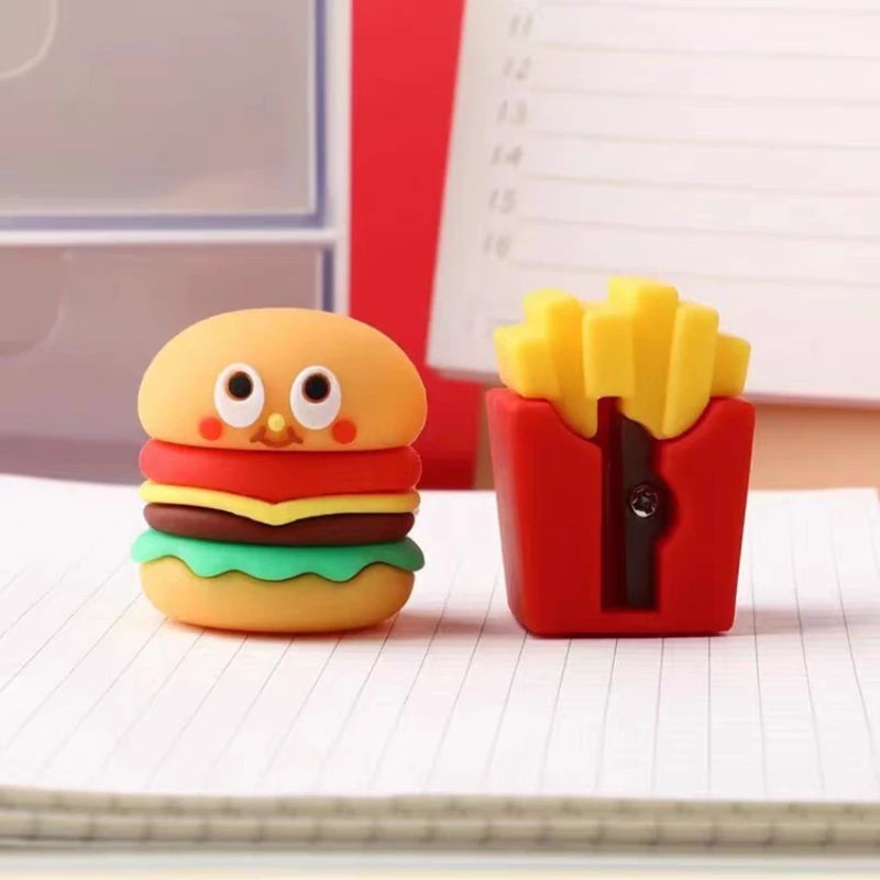 2 قطعة مبراة أقلام همبرغر الإبداعية البطاطس المقلية لينة سيليكون براية أقلام اللوازم المكتبية المدرسية هدية القرطاسية