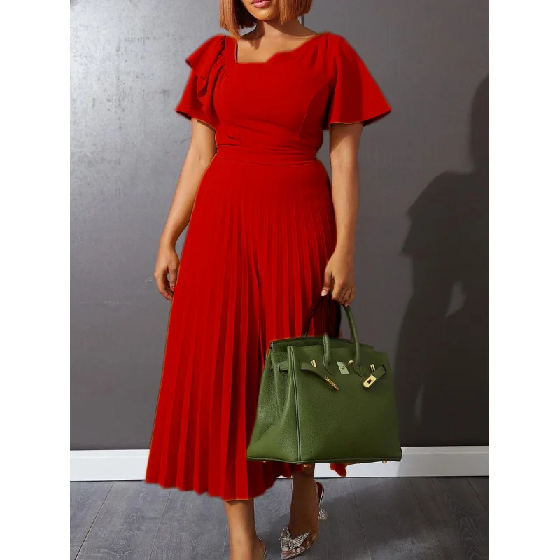 Women's Clothing2024New Fashion Temperament Pure Color Flare Sleeve High Waist Pleated Skirt Dress