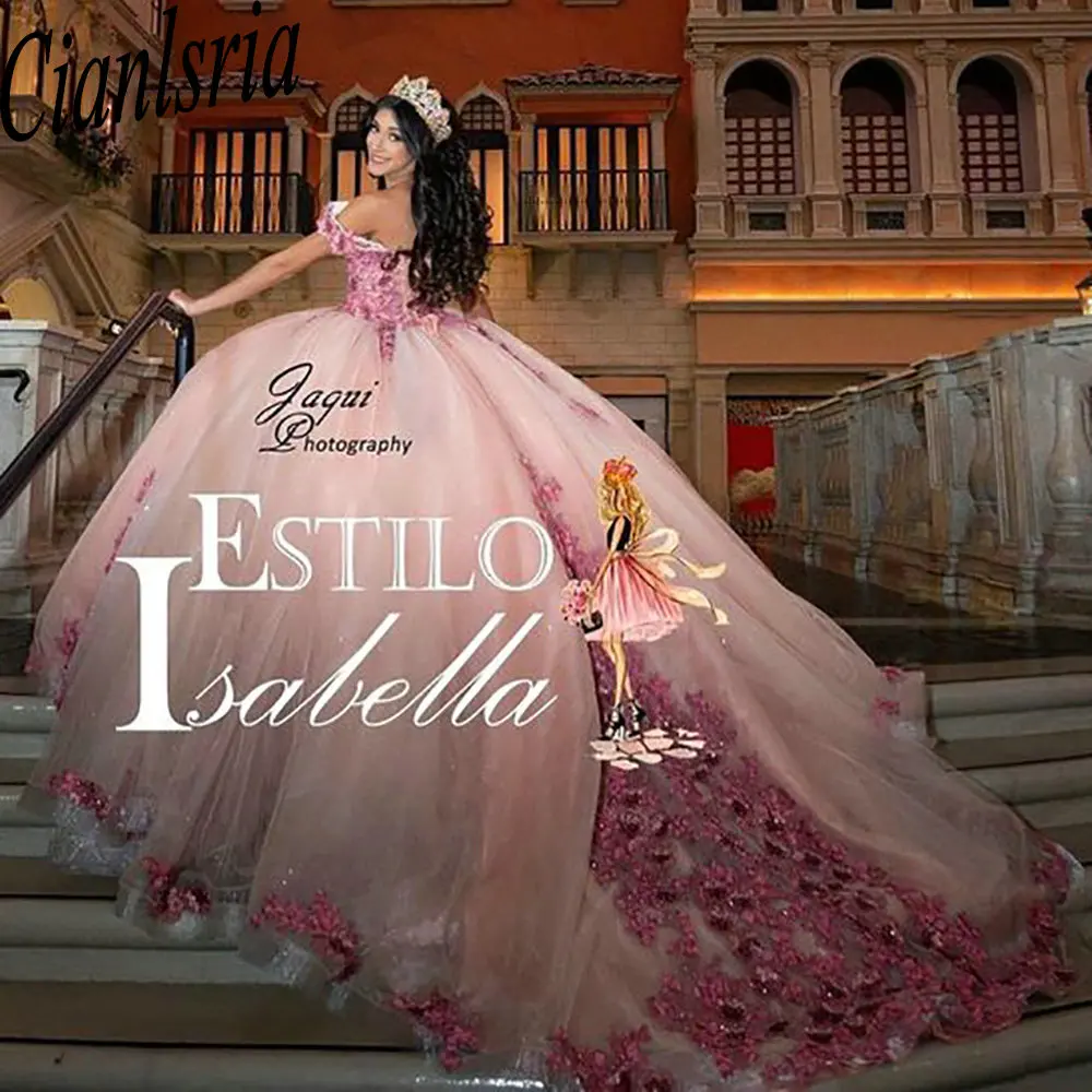 Vestido De quinceañera mexicana con apliques De flores en 3D, vestido De baile con hombros descubiertos, corsé con cuentas De cristal, Vestidos De XV Anos