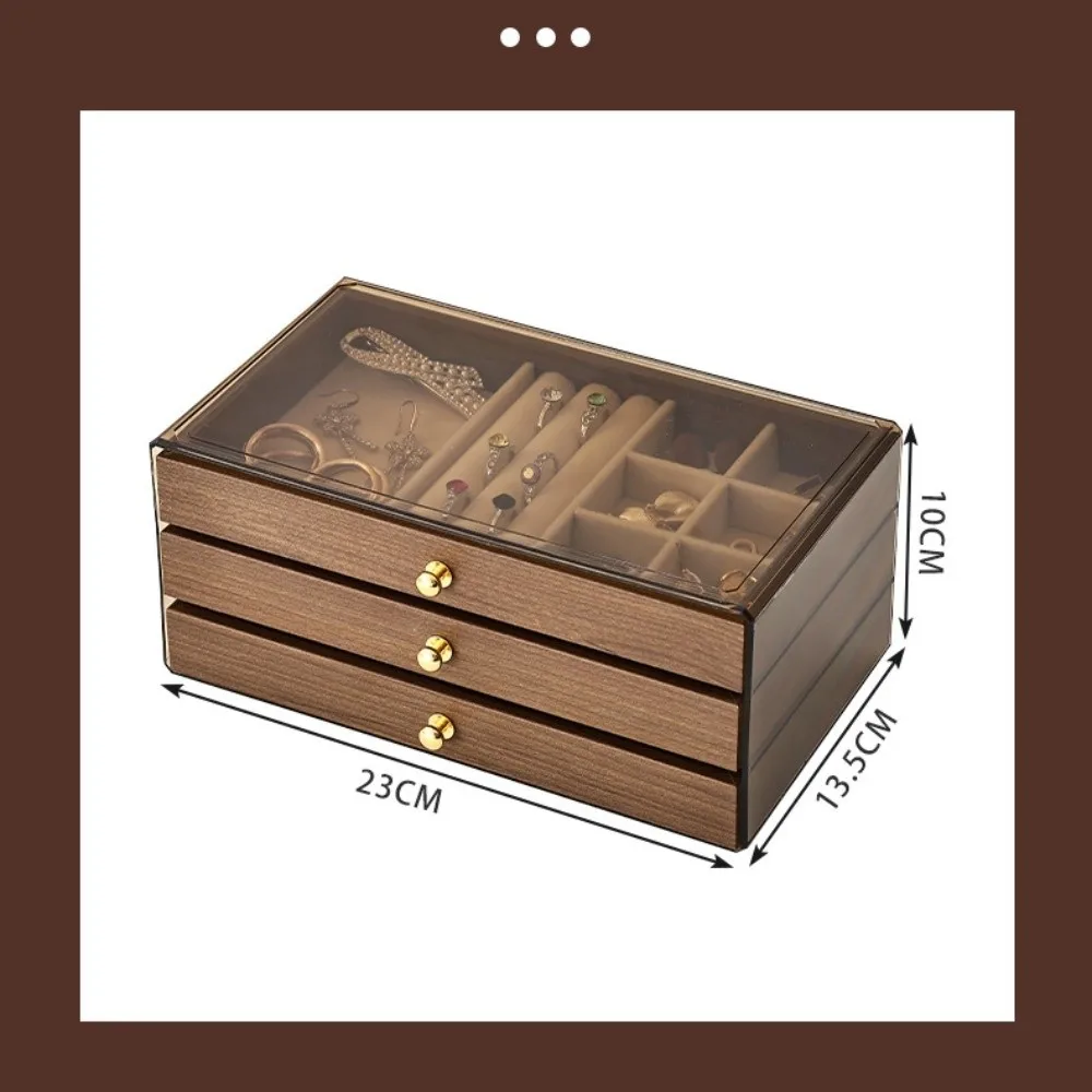 多層木製ジュエリーボックス透明窓付き三層引き出しオーガナイザー大容量スクエアデザイン