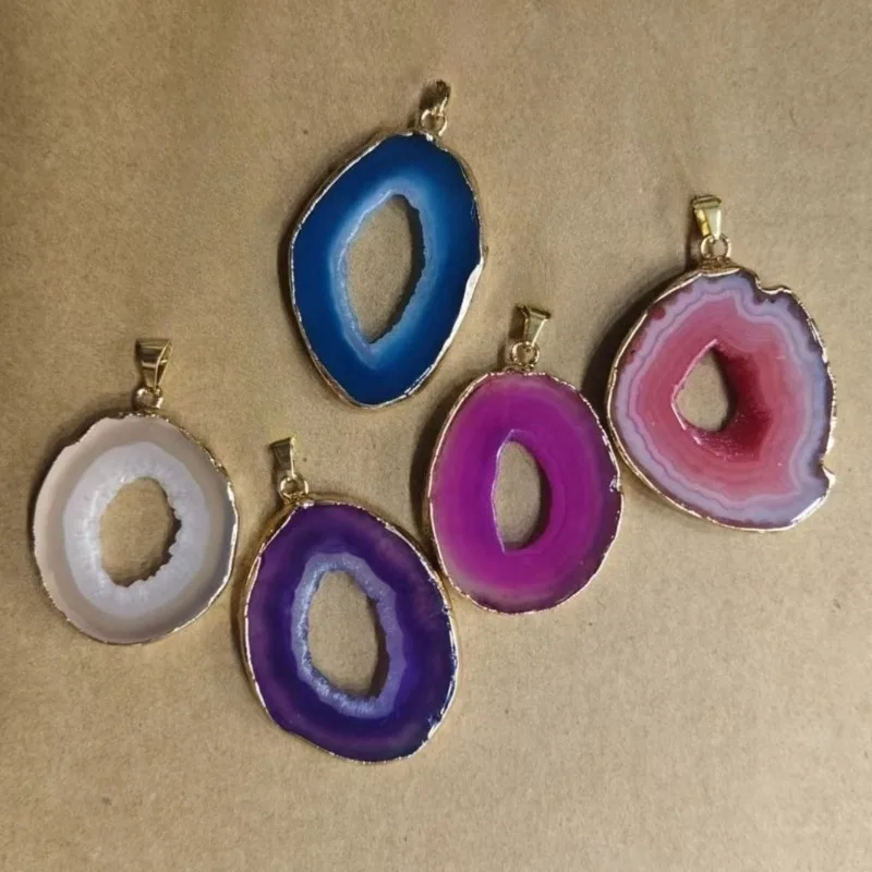 Wholesale Gold Wrapped Edge Irregular Hollow Agate Slice Natural Stone Pendant Charms Jewelry Making Accessories 6pcs/lot