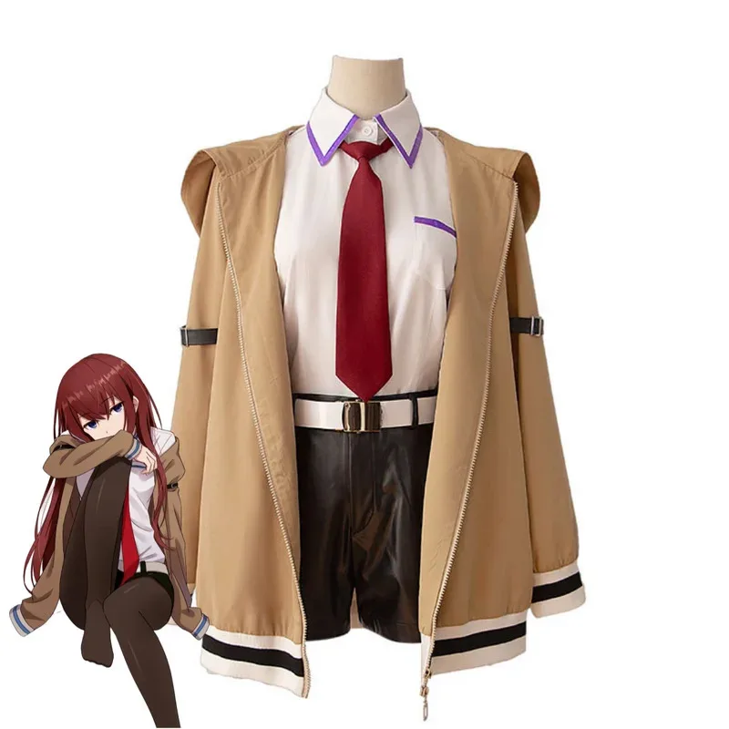 CyGame ستينز بوابة Makise Kurisu كريستينا تأثيري حلي معطف مقنع قميص السراويل رياضية شعر مستعار امرأة كرنفال هالوين البدلة