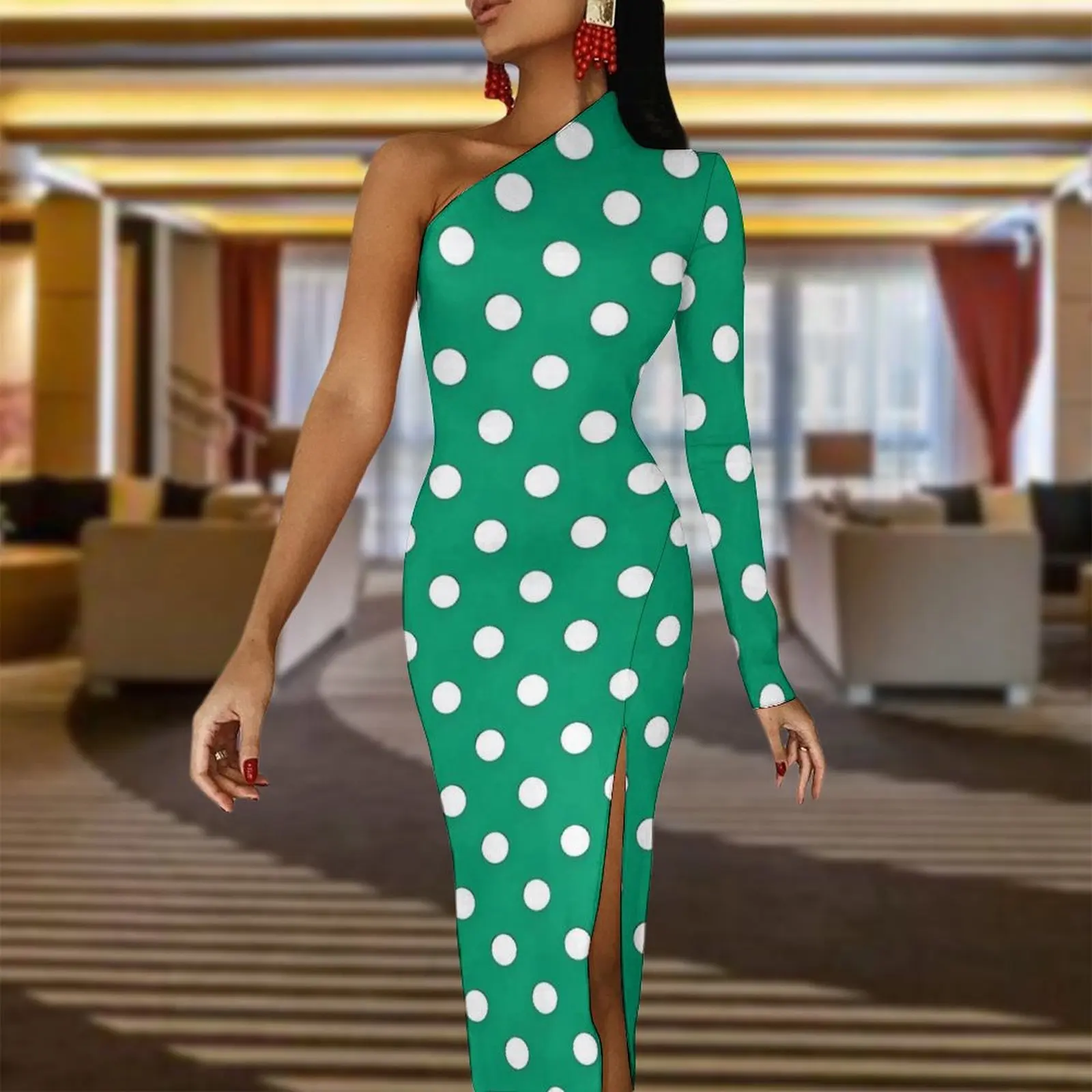 Green And White Polka Dots Print Maxi Dress One Shoulder  Aesthetic Bodycon Dresses Autumn Trendy Dress Female Graphic Clothes