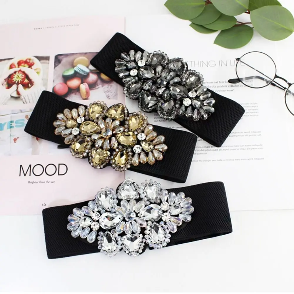 

Casual Flower Elastic Cummerbunds Wide Strap Belt Women Waistband Black Korean Style Rhinestone Waist Belt Jacket