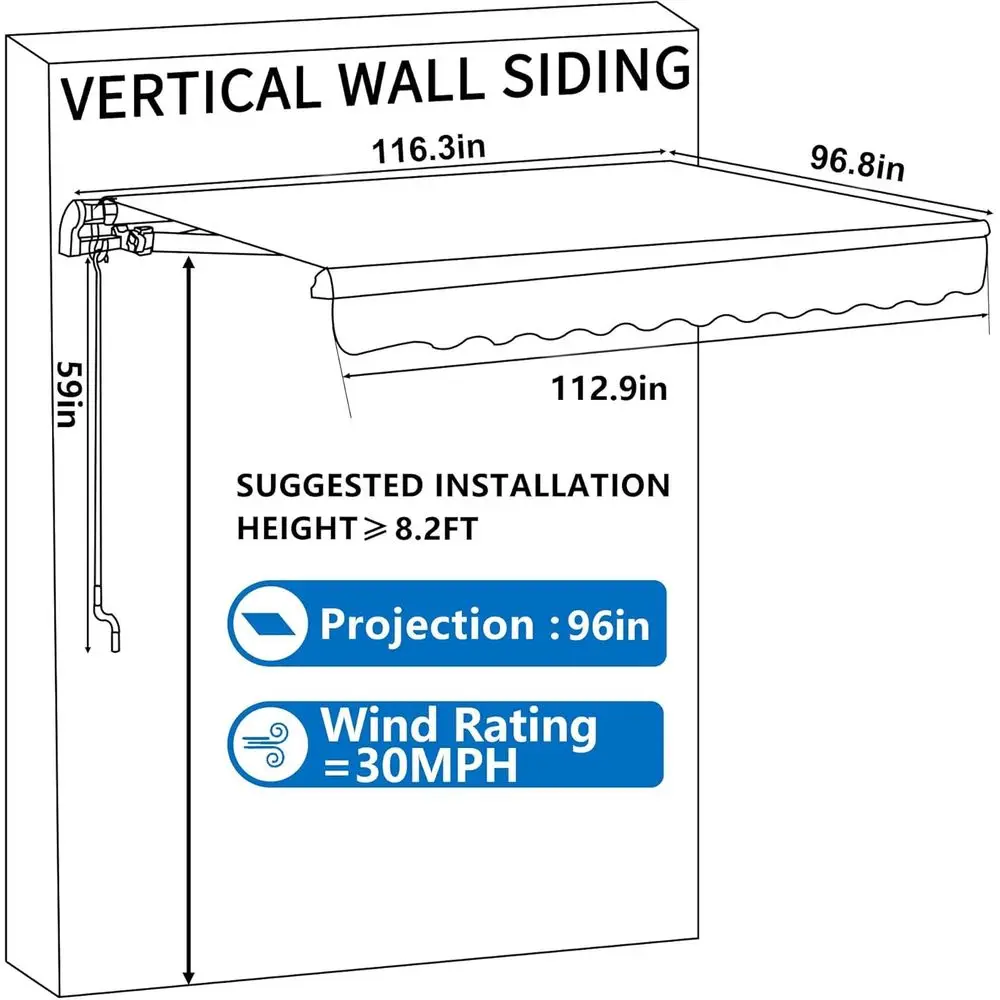 10x8 Manual Retractable Patio Awning, Outdoor Window Sun Shade Shelter with Crank Handle for Deck, Backyard, Garden, Balcony, Gr