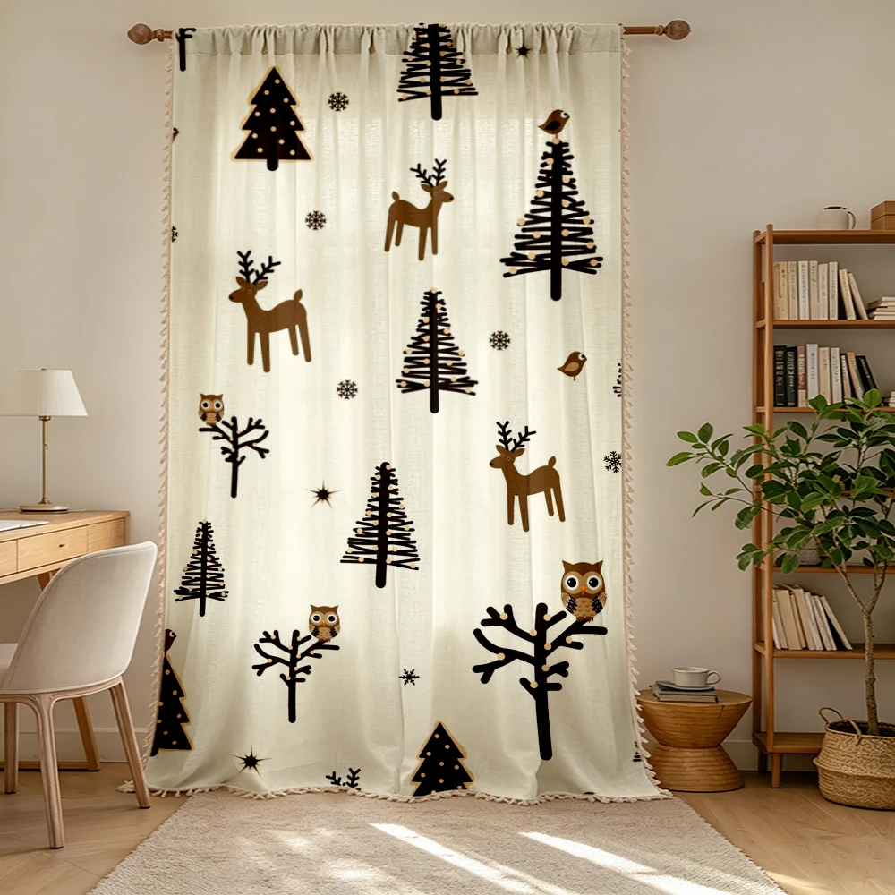 1PC Christmas Winter Tassel Sheer Curtains, Reindeer Snowflake, Digital Print, Polyester, Bedroom Living Room, Home Decor