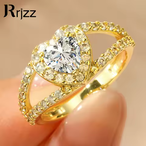Rrjzz 6x6mm Heart Shape CZ Simulated Diamond Halo Wedding Ring Plated Gold Silver Color Women Engagement Rings Luxury Jewelry
