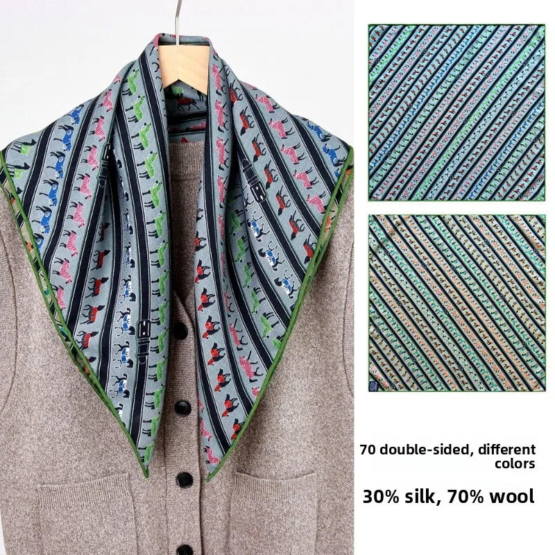 65x65cm Horse Stripe Square Scarf 70% WOOL 30% MULBERRY SILK Double Sided Different Color Women Neck Scarf Equestrian Shawl