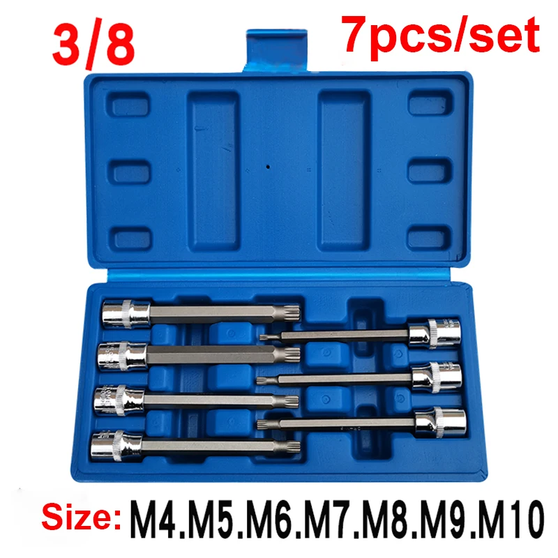 

7pcs/set 110mm length 3/8" Drive S2 Alloy Torx Screwdriver Bit Set 12 Point MM Spline Socket Bit Set M4 M5 M6 M7 M8 M9 M10 tools