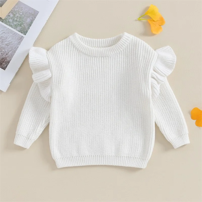 Kids Girl Cable Knit Sweater Ruffle Long Sleeve Round Neck Pullovers Solid Color Child Jumper Tops Winter Clothes for 3-5Years