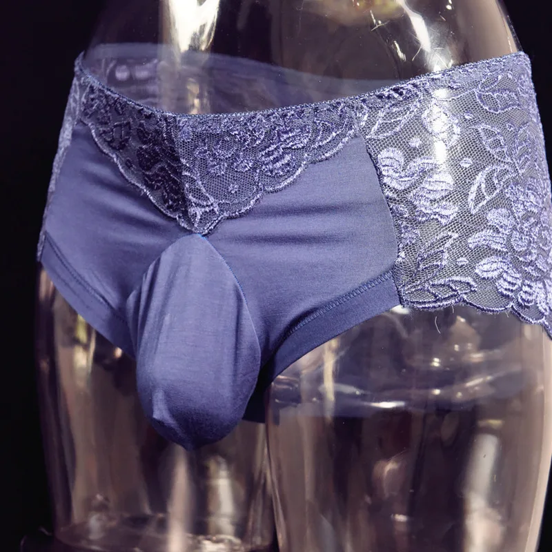 Men Panties Crossdressing Sissy Lingerie Breathable Ultra-Thin Lace Underwear Wrapped Egg Briefs Low Rise Transparent Underpants