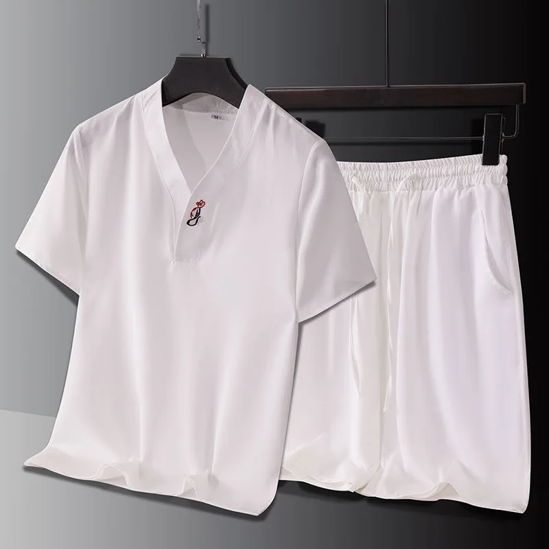 

New Summer Fashion Trendy Solid Color Ice Silk Breathable Sports Set Men's Casual Loose Plus Size High Quality Two-Piece Set