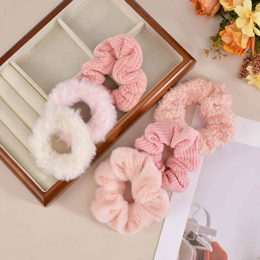 6 Pcs Winter Style Pink White Fluffy Hair Ties Soft Satin Scrunchies Ponytail Rubber Bands Hair Accessories Gifts for Girls