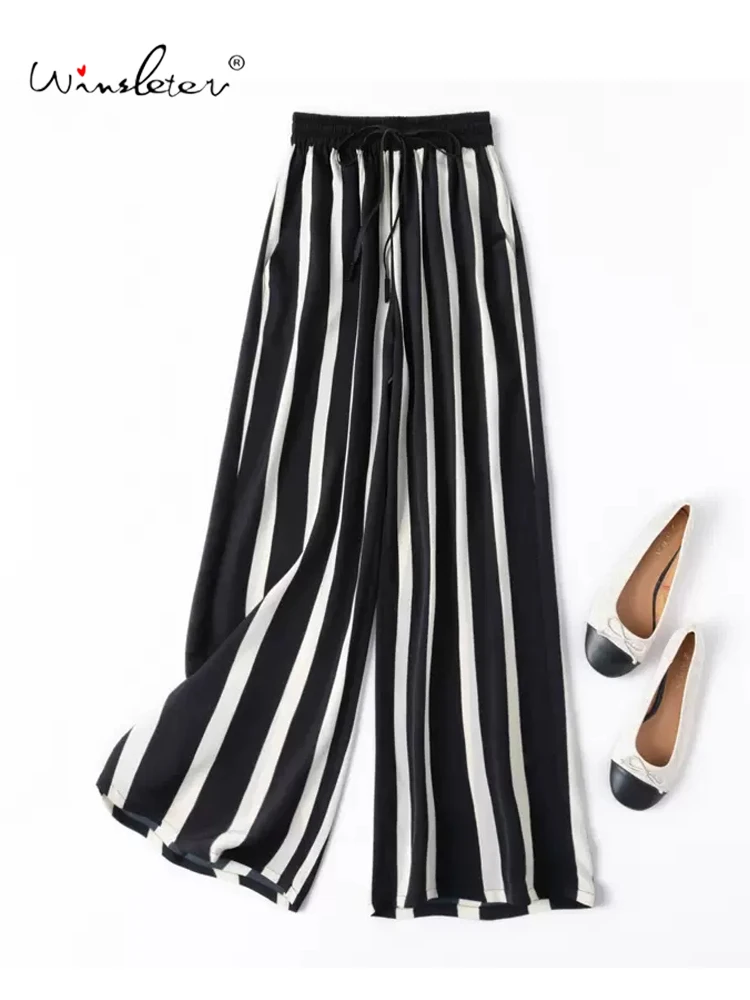 

Winsleter, 24MM 93%Natural Silk Elegant Pants, Woman Natural Waist Striped, Casual Wide Leg Pants, 2024 Summer Autumn B47692QC