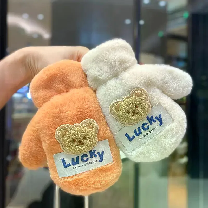 الشتاء الاطفال فروي شنقا الرقبة قفازات الطفل سميكة فو الفراء القفازات الكرتون لطيف الدب أفخم قفازات #3