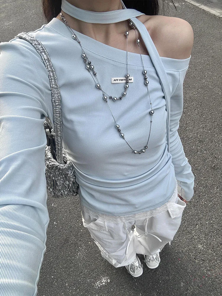 Oulder Bared Long Sve T irt المرأة الربيع الكورية Sle سليم صالح ملابس داخلية قاعدة irt مثير فتاة oulder أعلى