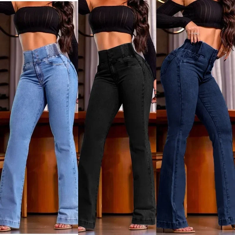 High Waist Elastic Waistband Button Detail Stretchy Denim Jeans Women's Fashion Micro Flared Long Pants Casual Style