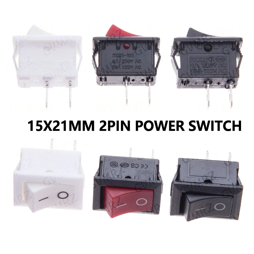 10 Stück 10A/125V 6A/250V KCD01-117S 15x21 KCD01 15*21mm 2-Pin Netzschalter Schwarz Rot Weiß EIN/AUS SPST Schalttafel-Montage Wippschalter AC