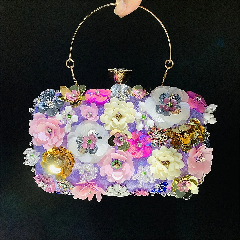 3D Beaded Flower Evening Bag, Elegant Box Clutch Purse, Women\'s Wedding Handbags For Party Prom