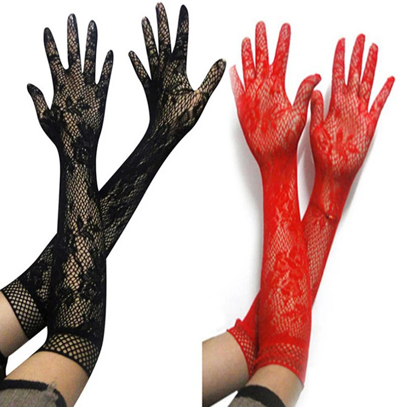 New Fashion Etiquette Long Fishnet Gloves - Smooth Nets, Lace Trim, Elegant and Sexy Women's Gloves for Parties Special Occasion