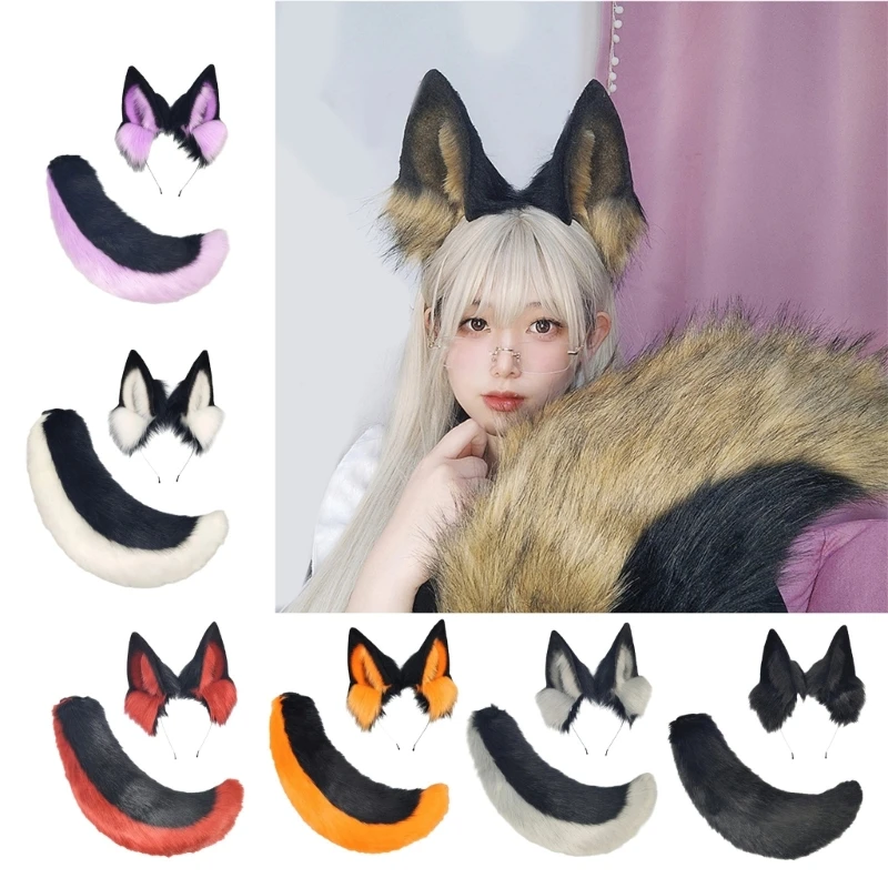 Handmade Plush Cats Ears Headbands Fauxs Furs Tail for Halloween Cosplay Party Costumes Accessories for Kids Adult 6XDA