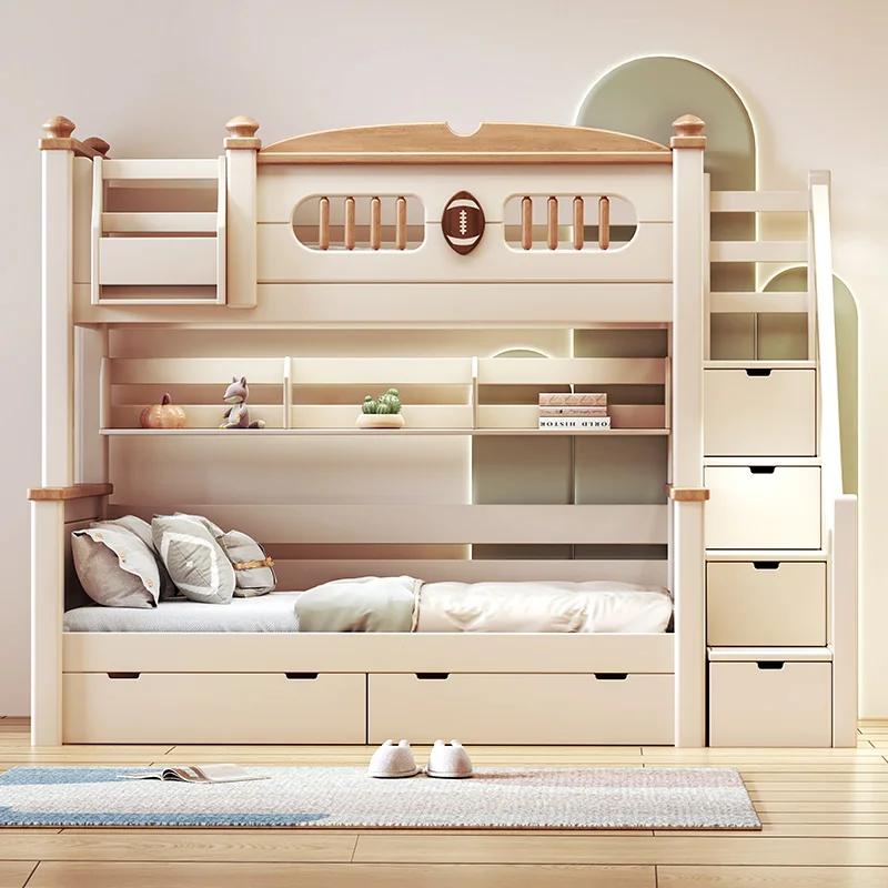 

Rustic - Style Light - Hued Solid Wood Bunk Bed with Drawers and Decorative Rugby Motif