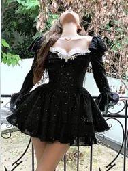 Y2K Black Short Dresses for Women Diamonds Square Collar Flare Sleeve High Waist A-line Birtheday Party Dress Prom Mini Vestidos