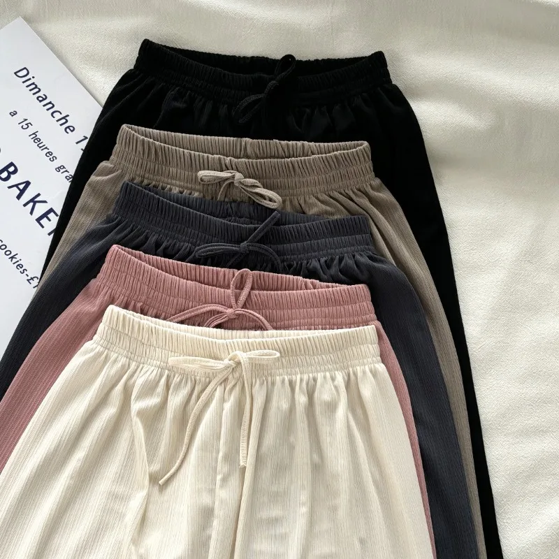 Hochgeschnittene Gerade Eisseide Weite Hose für Mädchen, Sommerliche Lose Gestreifte Bodenlange Sonnenschutz-Freizeithose