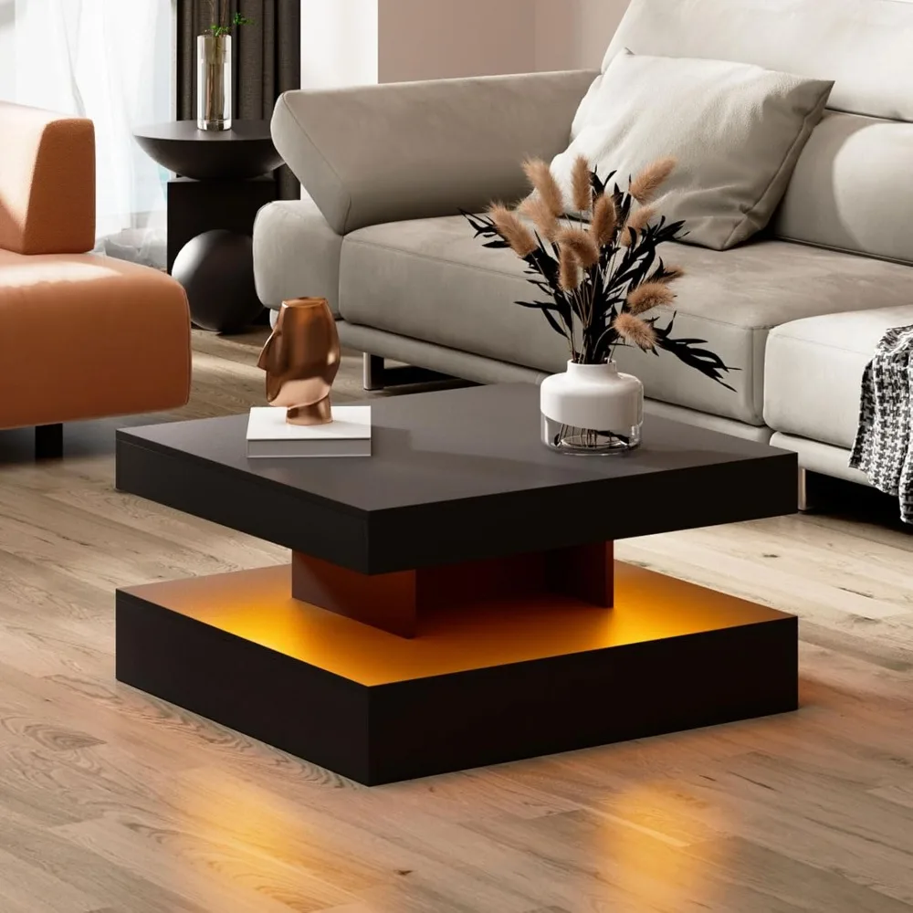 

LED Coffee Table for Living Room, Living Room Table 2-Tier Square Middle Center Table, Modern Coffee Tables with Storage,