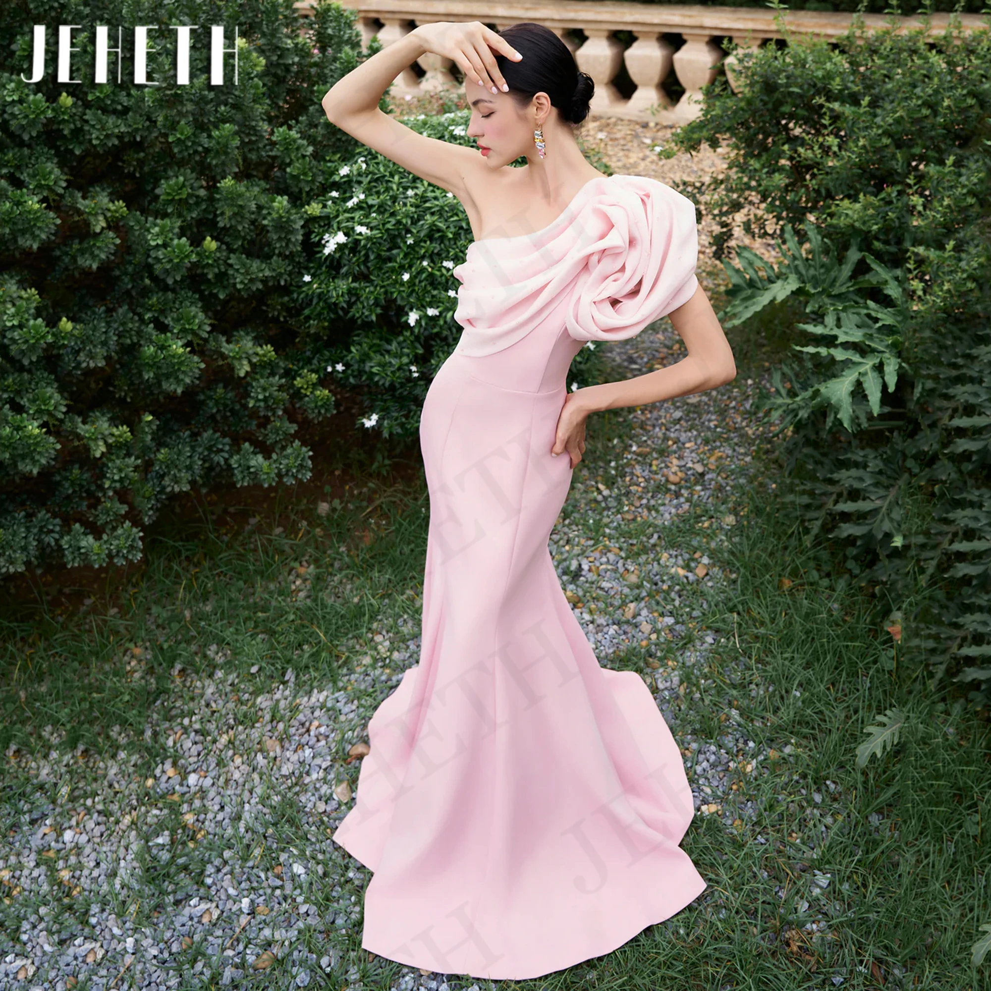 JEHETH Pink Graceful Mermaid Evening Dresses Woman Elegant One Shoulder Pleats Beading Wedding Party Dress Dubai فساتين سهرات