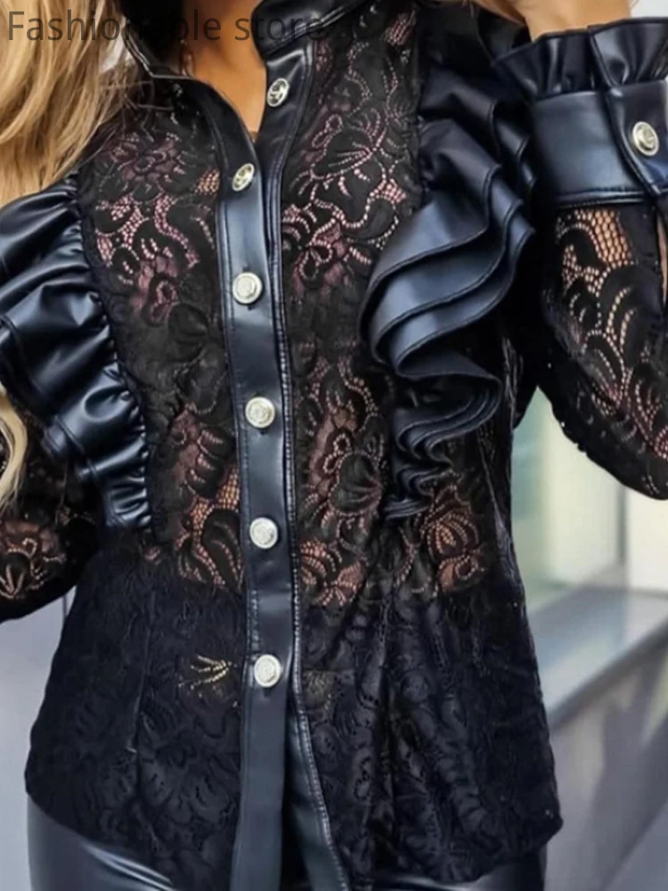 

Women Buttoned Ruffles PU Faux Leather Lace Patchwork Blouse