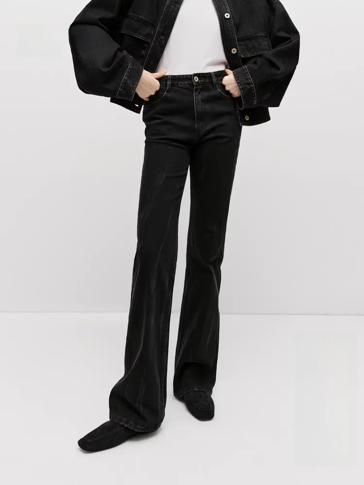 

Женские джинсы-клеш в ретро-стиле, черные, облегающие, с эффектом похудения, из смесового хлопка и полиэстера, осенняя новинка