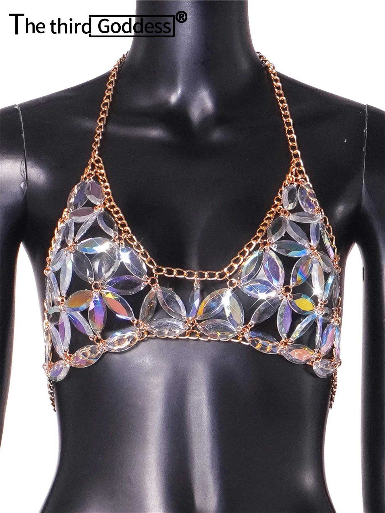 

Sexy see through rhinestone corset crop top women summer halter body chain tank top y2k cropped club party beach bikini tops hot