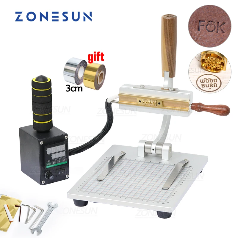 ZONESUN Hot Foil Stamping Machine, Custom Logo Bronzing Heat Press Tool, Paper Leather Stamp, Brass Mold Embossing WT-90ZM